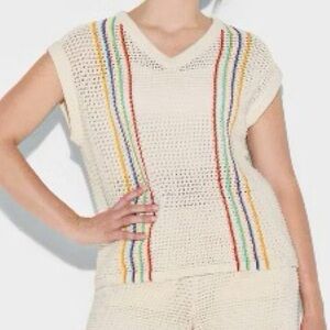 Pride Adult Boxy Oversized V-Neck Open Knit Stitch Sweater Ivory Striped XXL